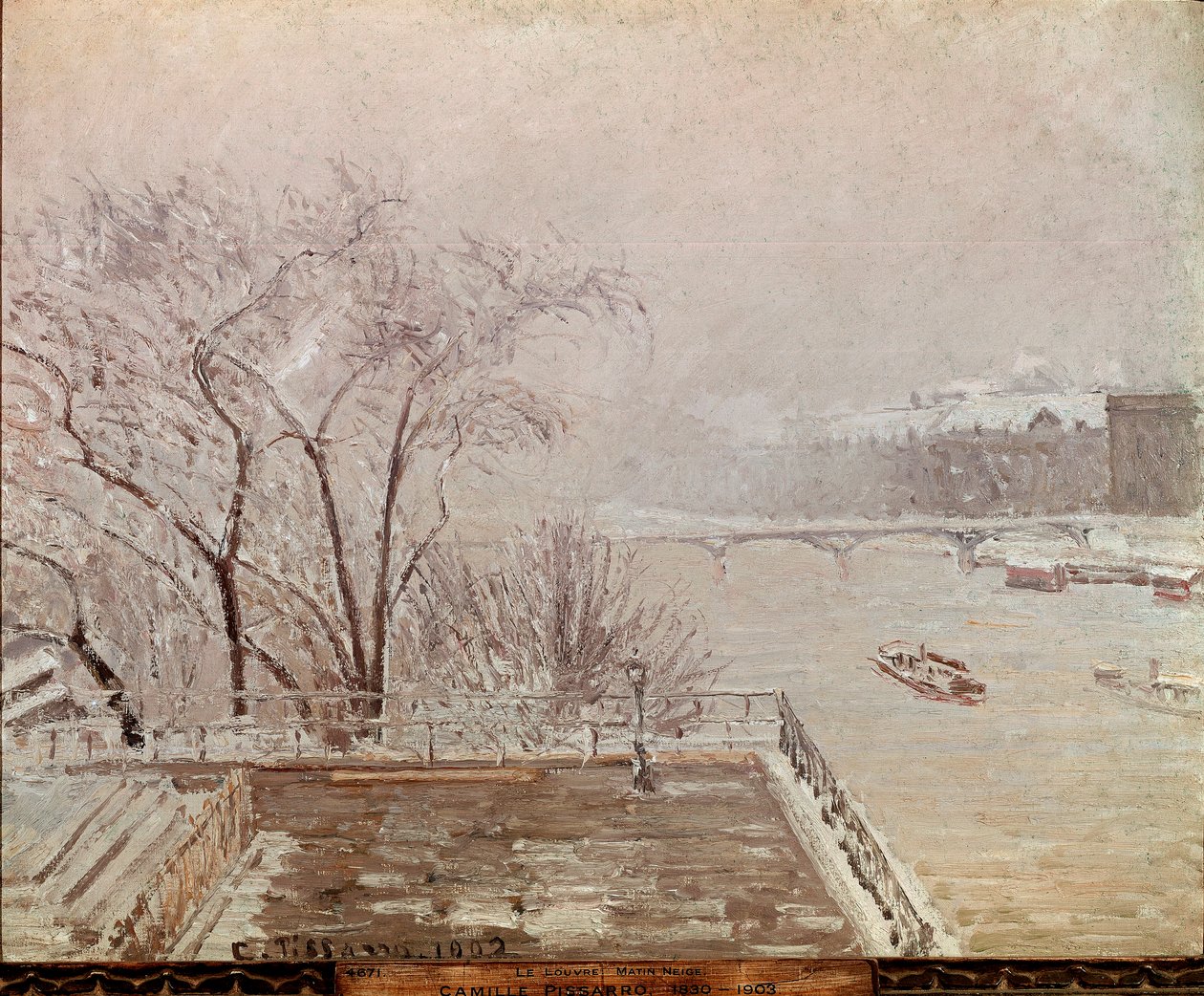 Reggel a Louvre-ban, hóhatás. Camille Pissarro (1830-1903) festménye 1902. Olaj, vászon. Mérete: 65x81 cm. London, Nemzeti Galéria alkotó: Camille Jacob Pissarro