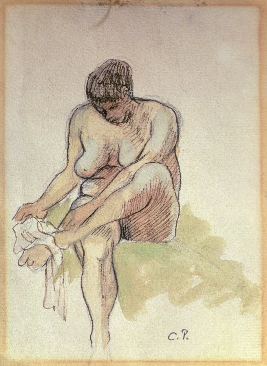 Bal lábát törölgető meztelen nő (ceruza, mosószer és toll, valamint szépia tinta papíron) alkotó: Camille Pissarro