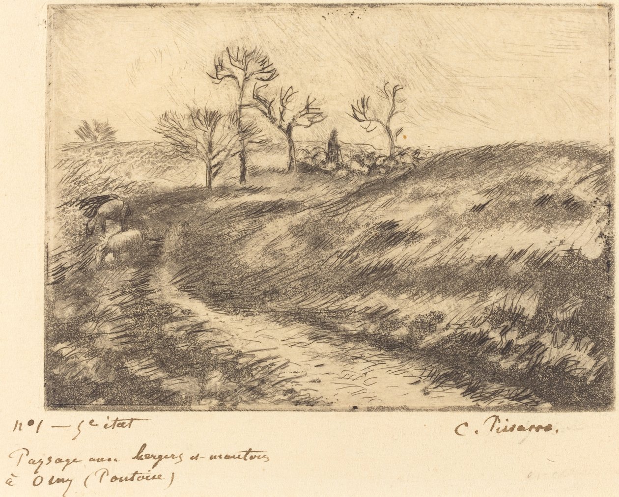 Táj pásztorral és juhokkal Osny Pontoise-ban, 1883. alkotó: Camille Pissarro