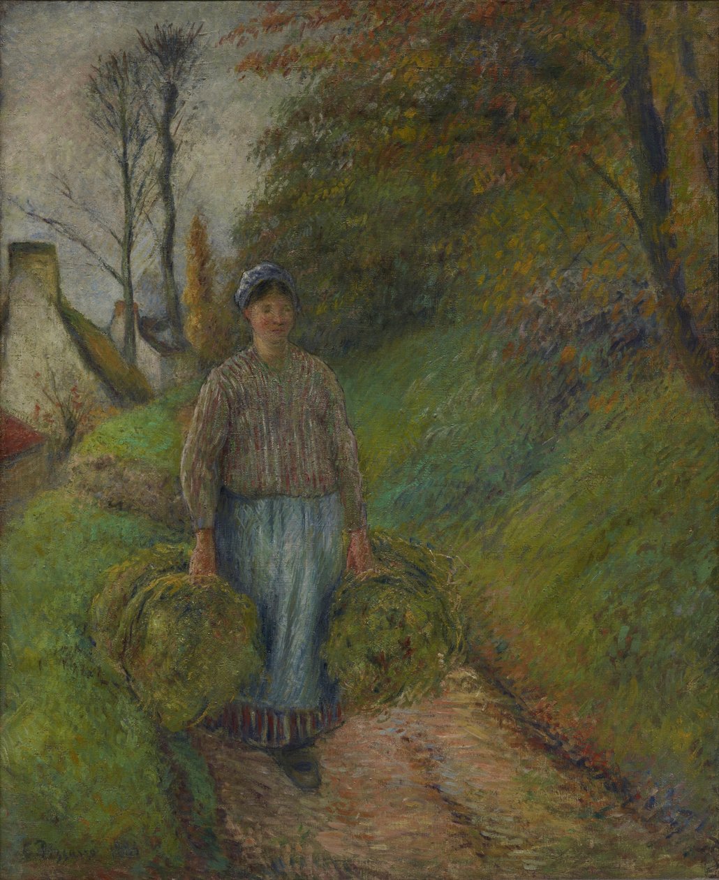 Parasztasszony, aki két köteg szénát cipel alkotó: Camille Pissarro