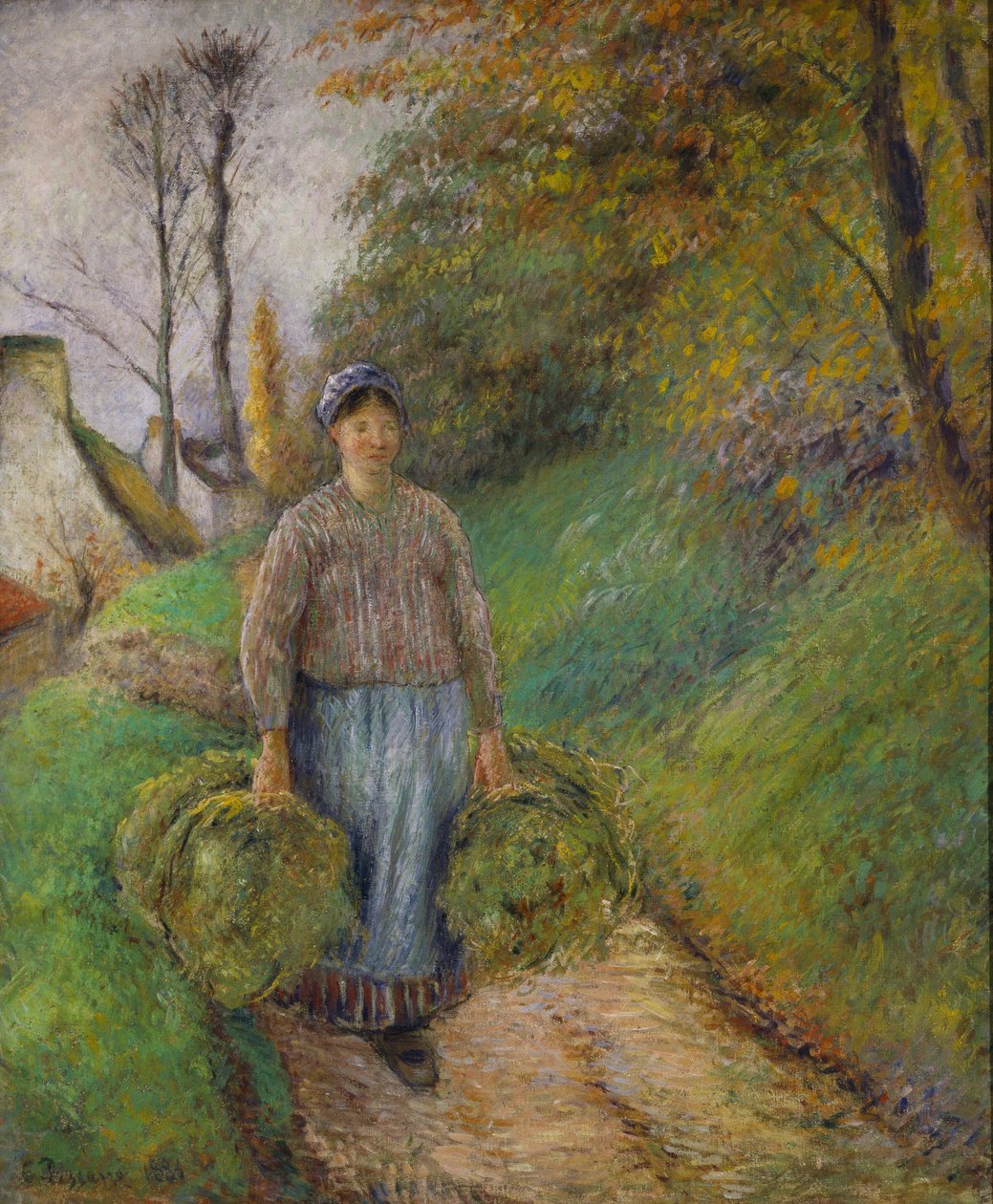 Parasztasszony, aki két köteg szénát cipel alkotó: Camille Jacob Pissarro