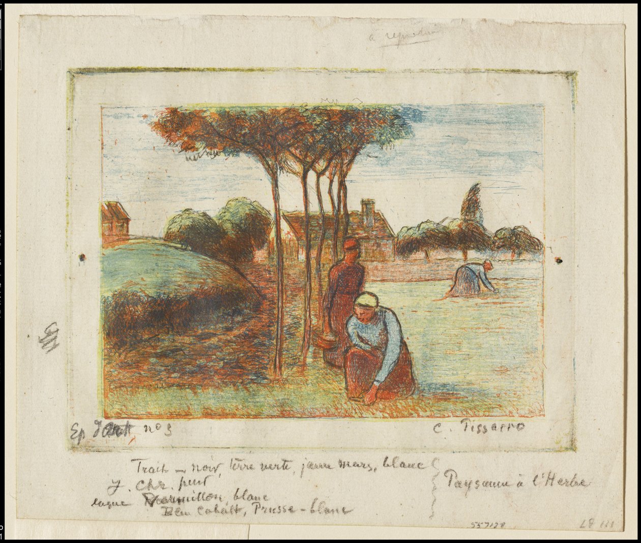 Fűt gyomláló parasztasszonyok, 1894 körül (kék, piros, sárga és fekete színnel, krémszínű papírra nyomtatva) alkotó: Camille Jacob Pissarro