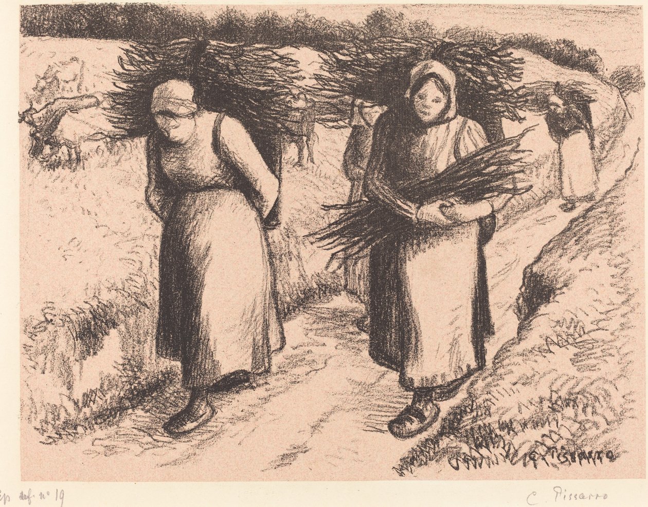 Parasztok hordozóbotokat alkotó: Camille Pissarro