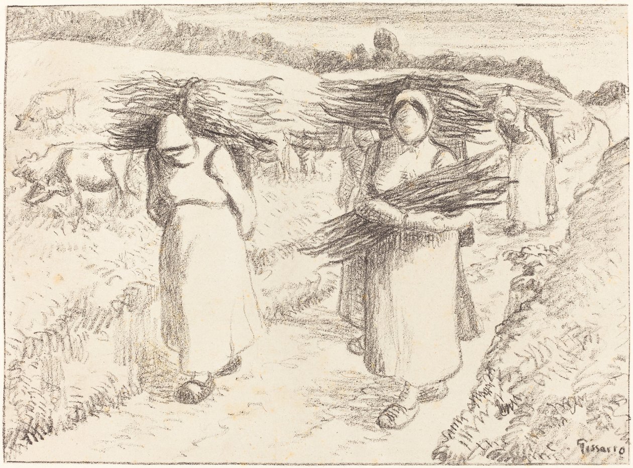 Parasztok hordbotokat hordozó parasztok botokat hordva, 1896. alkotó: Camille Pissarro
