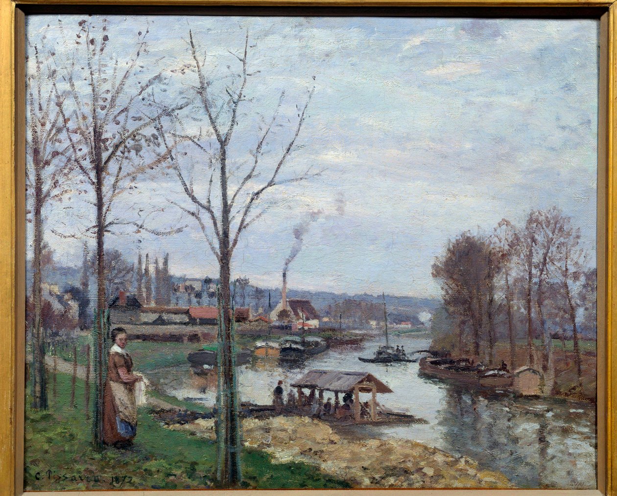 Port Marly (Port-Marly), a mosóház Kilátás egy mosóházra a Szajnán. Camille Pissarro (1830-1903) festménye 1872 V. 0,46x0,56 m Párizs, Muse d