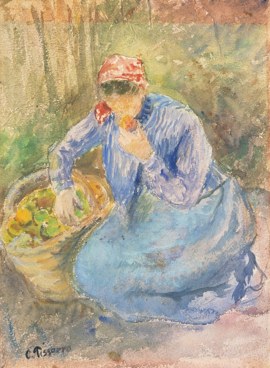 Tengeri parasztasszony almás kosárral (akvarell) alkotó: Camille Pissarro