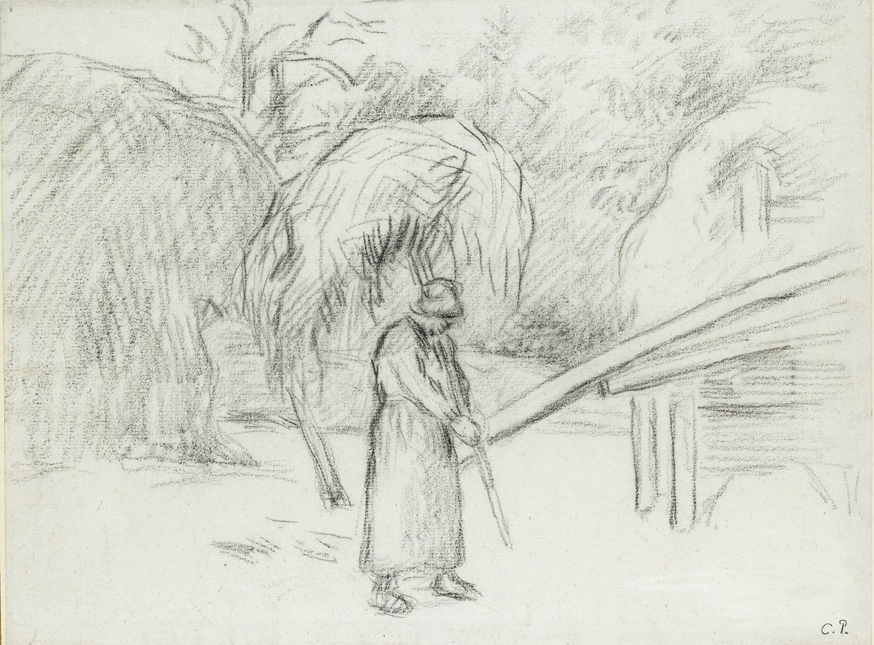 Tanulmány egy női parasztról, aki egy rakomány szénát cipelt a foucault-i paraszt udvarán, 1875 alkotó: Camille Pissarro