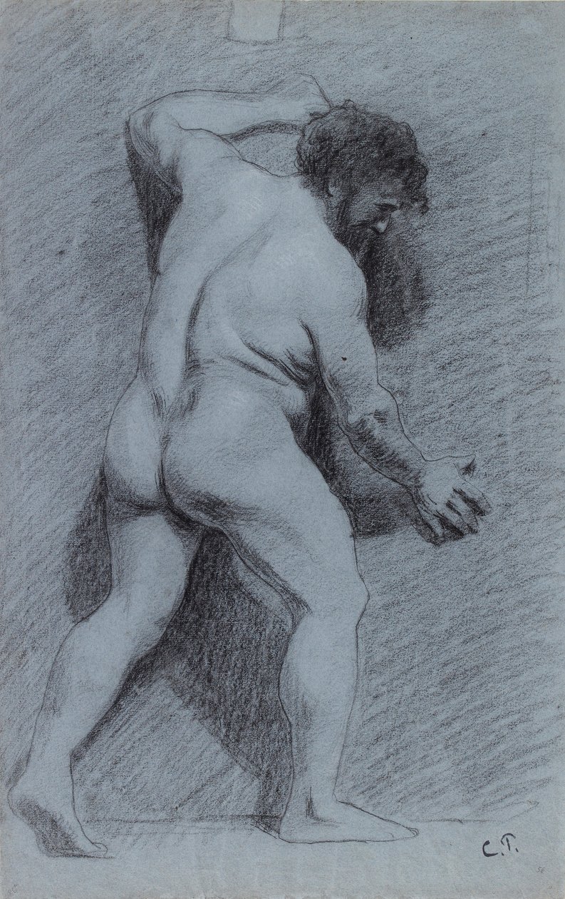 Tanulmány egy falnak támasztott férfi aktról, jobbra nézve, 1856-1860 alkotó: Camille Pissarro
