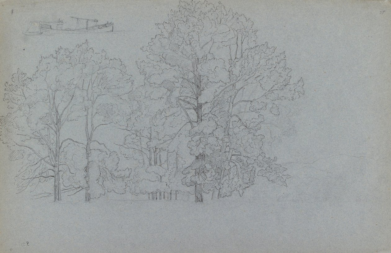 Fák tanulmányozása, egy bárka enyhe tanulmányozásával, 1859 alkotó: Camille Pissarro
