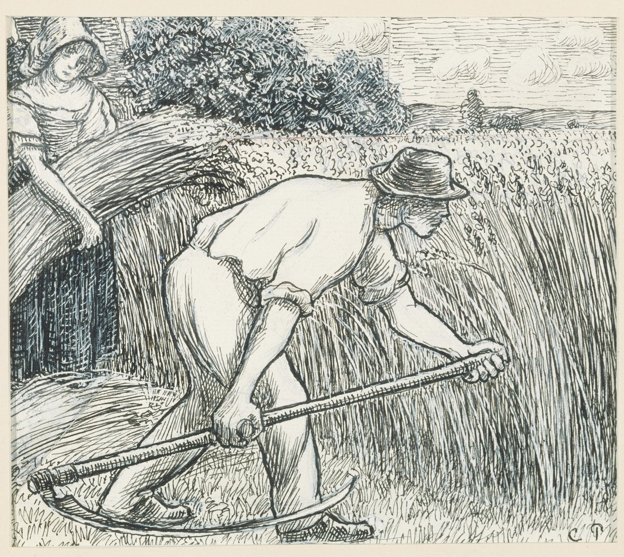 The Harvest, 1895 körül (toll és tinta, ólomfehér gouache papíron) alkotó: Camille Jacob Pissarro