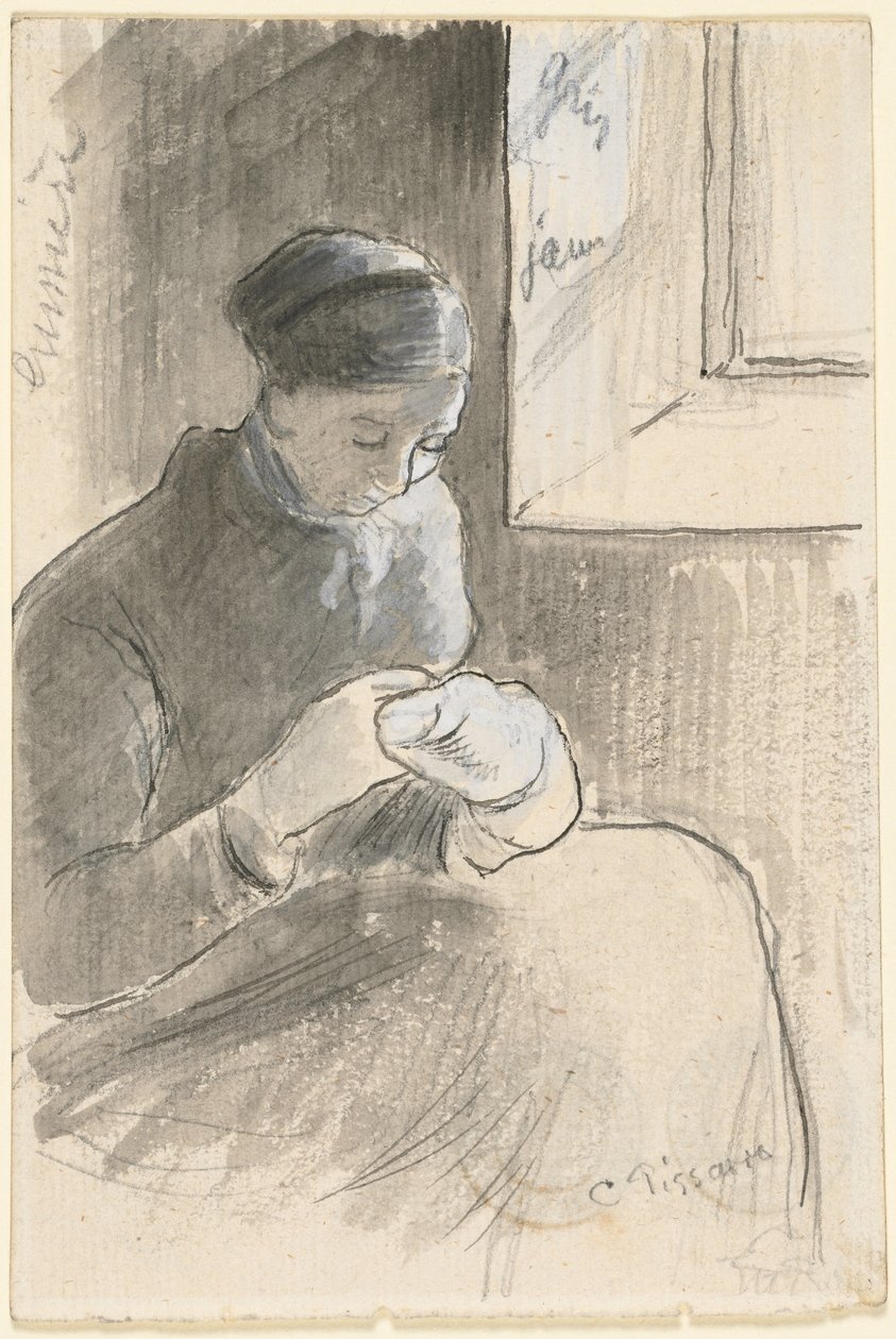 A gyógyító, 1881 körül (toll és fekete tinta, ecset és szürke mosás grafit fölött, fehér gouache-val kiemelve) alkotó: Camille Pissarro