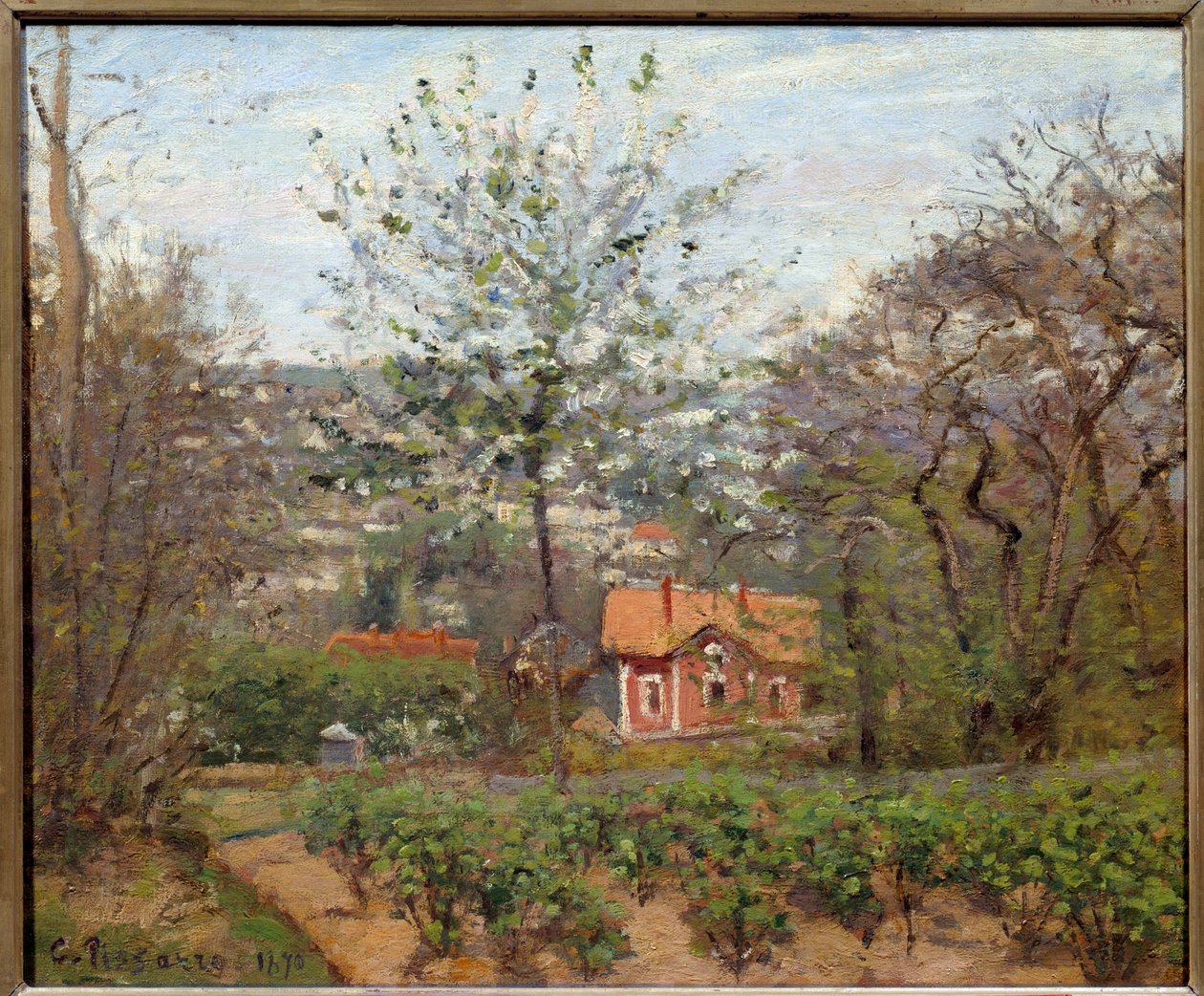 A házikó, a rózsaszín ház; a szív repülő falucskája. Camille Pissarro (1830-1903) festménye alkotó: Camille Jacob Pissarro