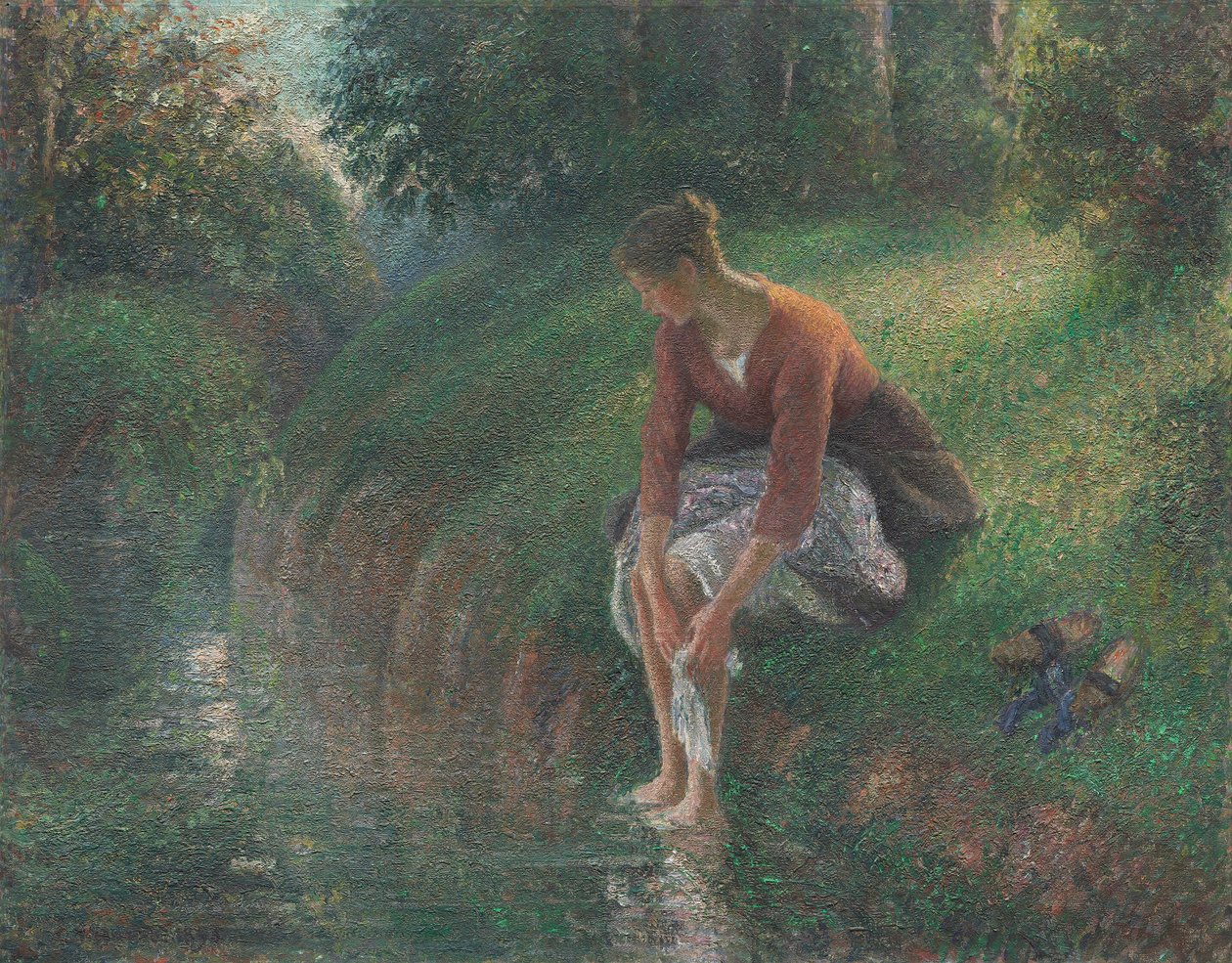 Nő fürdik a lábát a patakban alkotó: Camille Pissarro