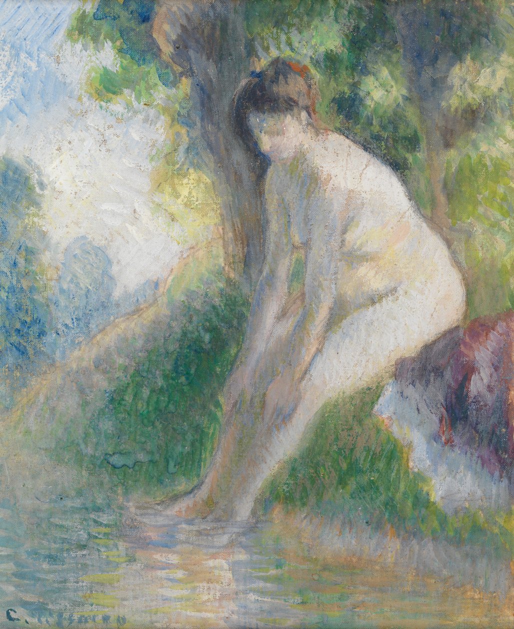Woman Sitting on Bank of Stream, c.1895 (gouache on board) alkotó: Camille Pissarro