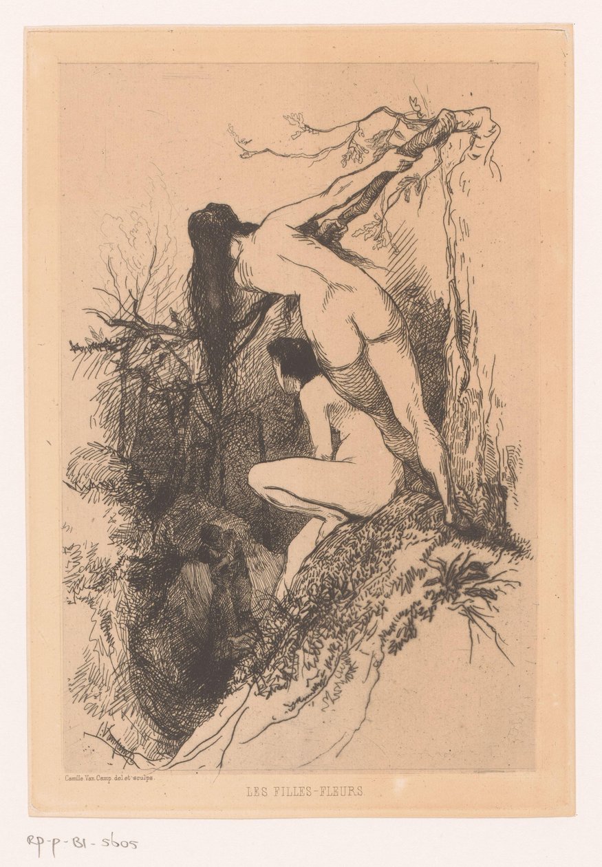 Két meztelen nő kémkedik egy csókolózó pár után Les filles-fleurs (cím a tárgyon) alkotó: Camille Van Camp