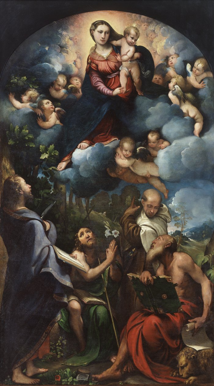 Madonna és gyermek a dicsőségben Szent Bertalannal, Keresztelő Szent Jánossal, Szent Alberttel és Szent Jeromossal alkotó: Camillo Boccaccino