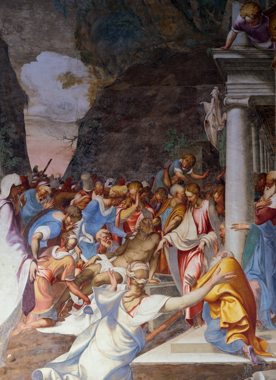 Lázár feltámadása, Camillo Boccaccino (1501-1546) freskója, Szent Sigismondo templom, Cremona, Lombardia, Olaszország alkotó: Camillo Boccaccino