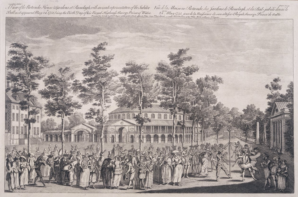 Kilátás a Rotundára, Ranelagh-házban, HRH, a walesi herceg születésnapját ünneplő bálon, 1751. május 24-én, metszett Parr alkotó: Canaleti