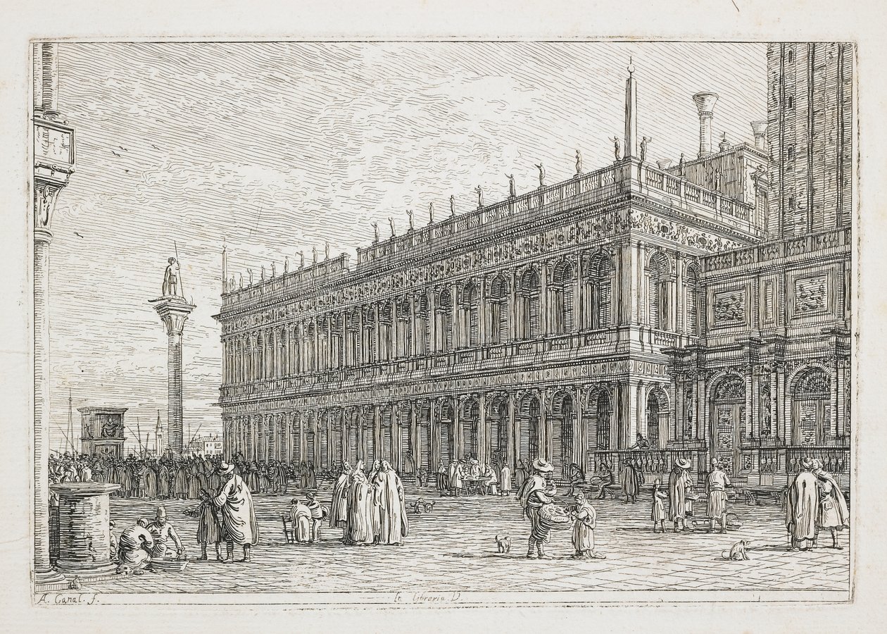 Könyvtár, Vedute tányérja, Loughi egyéb présgépei, egyéb tervezés, 1740-1745 alkotó: Giovanni Antonio Canal