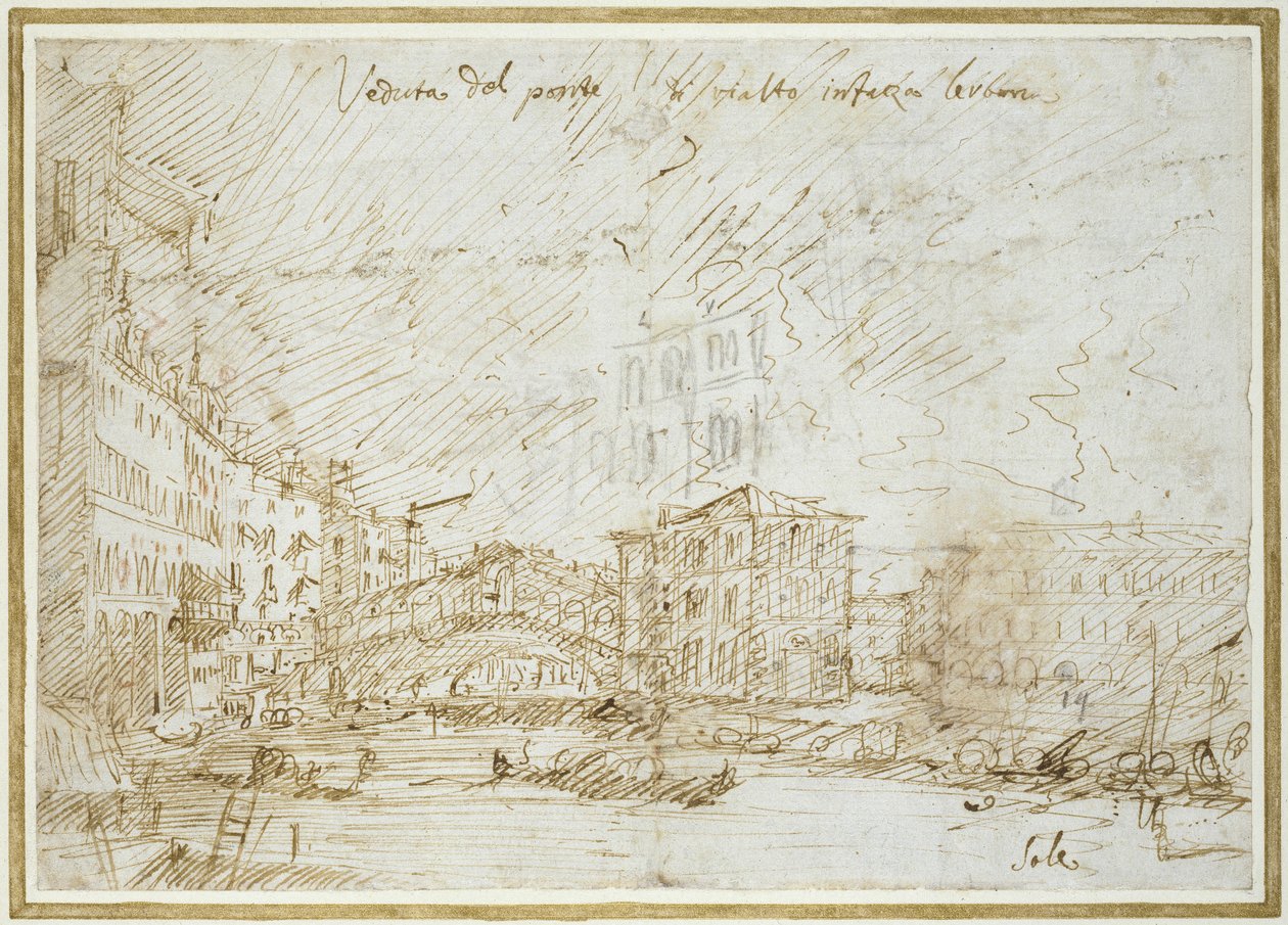 A Ponte de Rialto (toll és barna tinta papíron) alkotó: Giovanni Antonio Canal