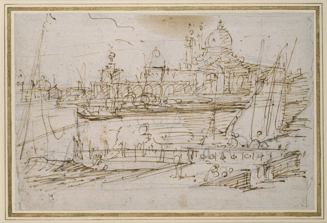 Velence: A Dogana és a S. Maria della Salute a Molo di Terranovából (toll és barna tinta fekete krétán) alkotó: Giovanni Antonio Canal