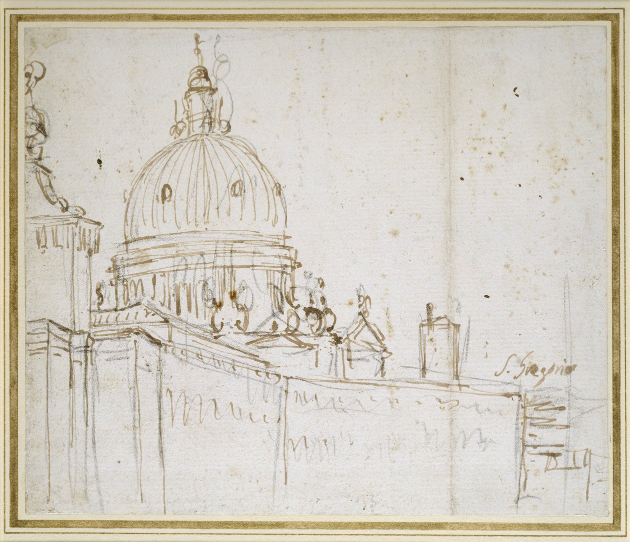 Velence: Dogana di Mare és S. Maria della Salute (toll és barna tinta fekete krétán) alkotó: Giovanni Antonio Canal