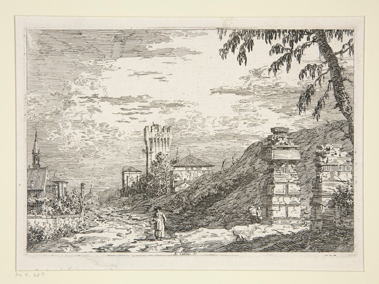 Táj toronnyal és két romos oszloppal, a Vedute sorozatból (Kilátások) alkotó: Canaletto (Giovanni Antonio Canal)