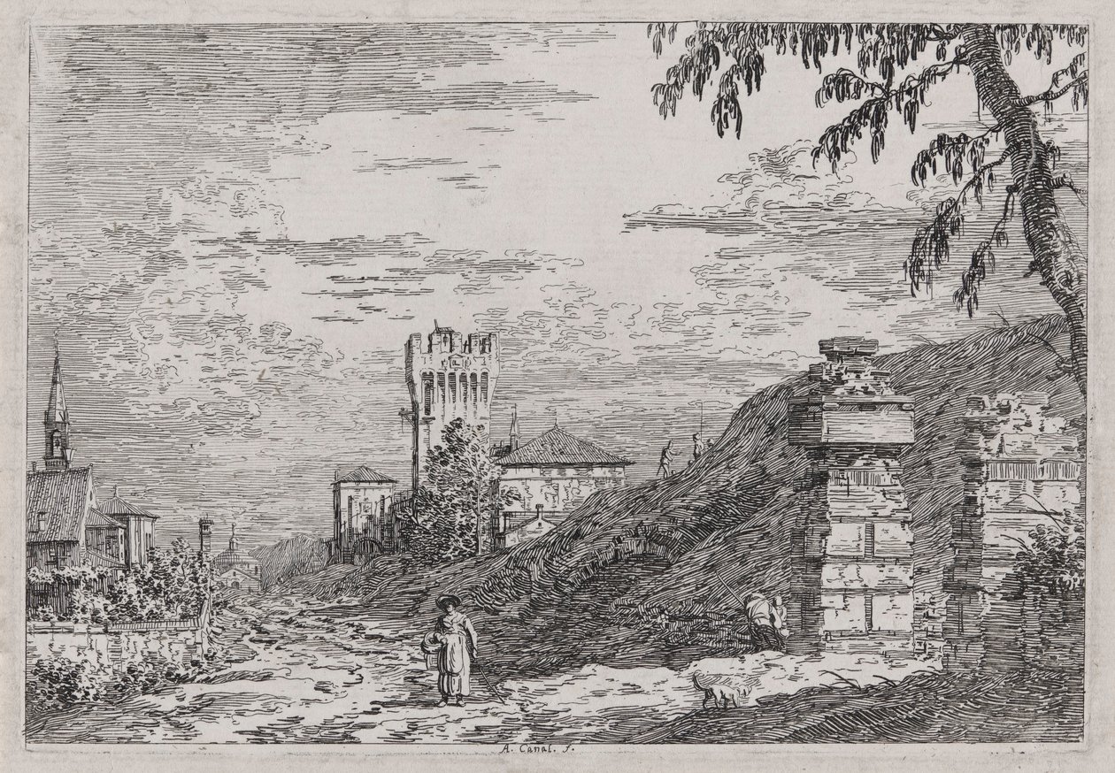 Táj toronnyal és két romos oszloppal, a Vedute sorozatból (Nézetek) alkotó: Canaletto (Giovanni Antonio Canal)