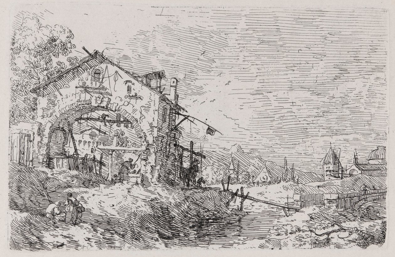 Tájkép egy nővel a kútnál, a Vedute sorozatból (Nézetek) alkotó: Canaletto (Giovanni Antonio Canal)