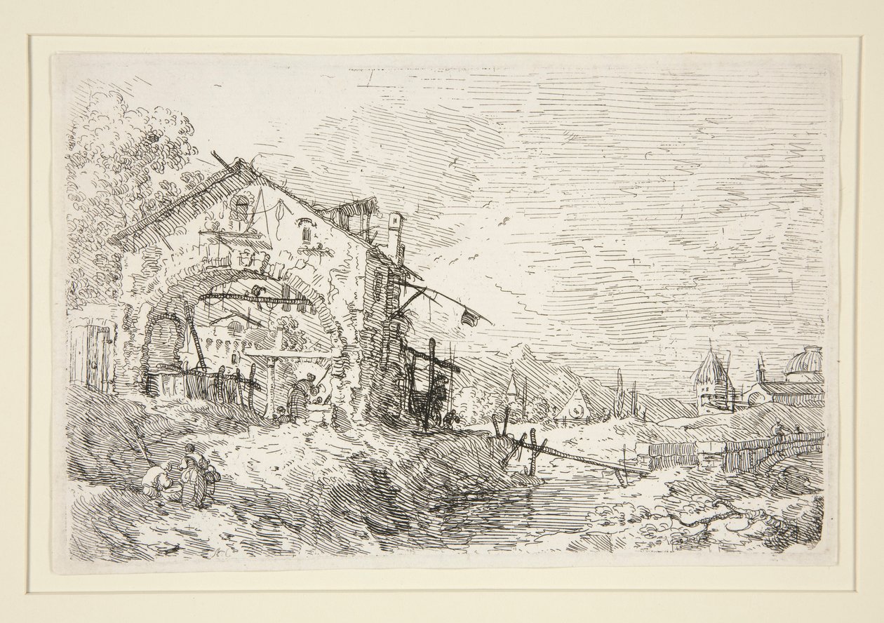Tájkép egy nővel a kútnál, a Vedute sorozatból (Nézetek) alkotó: Canaletto (Giovanni Antonio Canal)