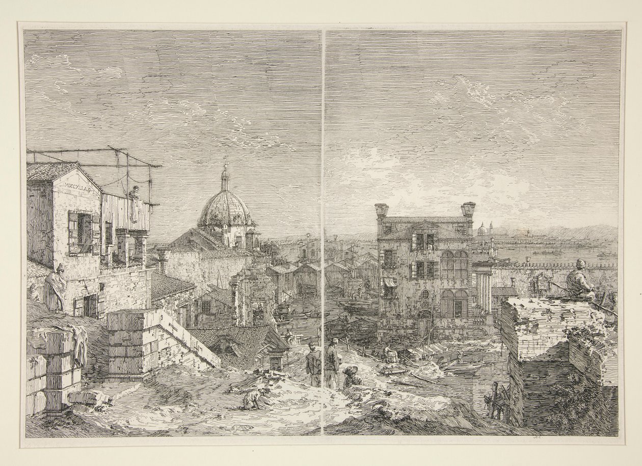 A ház a következő felirattal: MDCCXLI. A. C. [és] The House with the Peristyle és Six Columns, a Vedute sorozatból (Nézetek) alkotó: Canaletto (Giovanni Antonio Canal)
