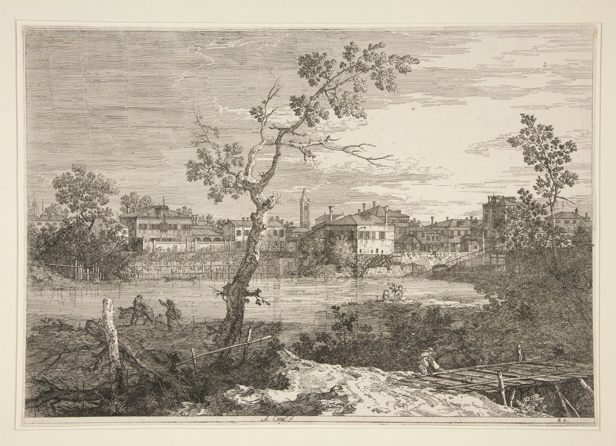 Kilátás egy városra a folyóparton, a Vedute sorozatból (Kilátások) alkotó: Canaletto (Giovanni Antonio Canal)