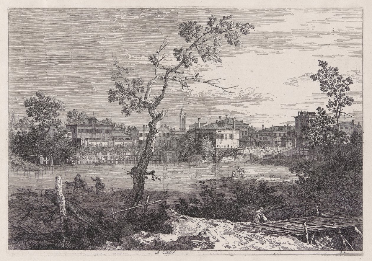 Kilátás egy városra a folyóparton, a Vedute sorozatból (Kilátások) alkotó: Canaletto (Giovanni Antonio Canal)
