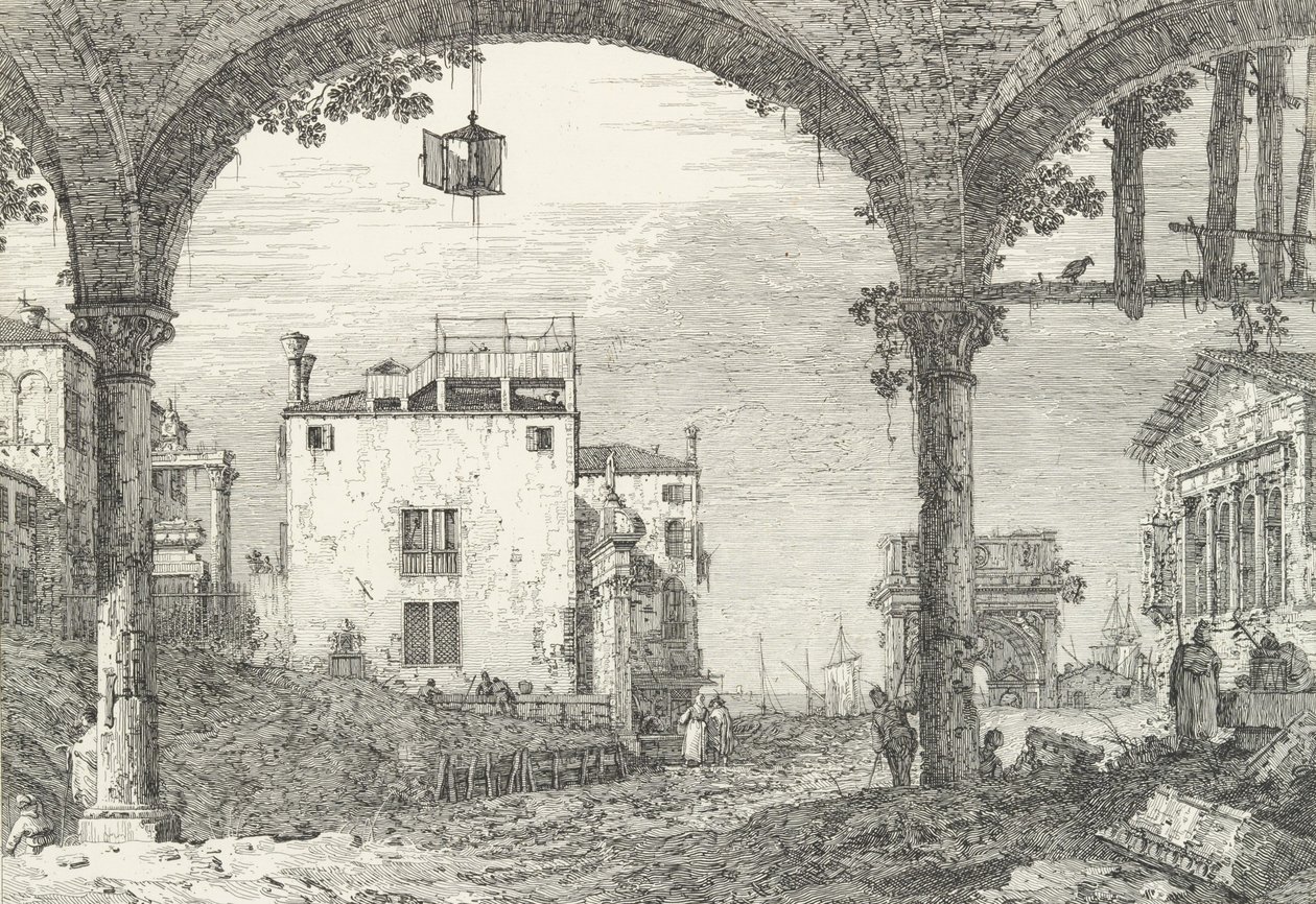 Háromíves karzat, középen függő nyitott lámpással, diadalívvel és rui..., 1735-46. alkotó: Canaletto