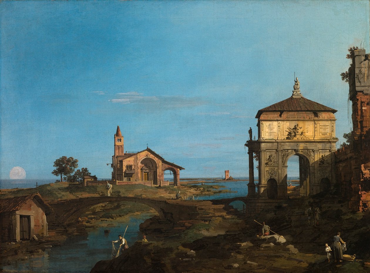 Sziget a lagúnában átjáróval és templommal alkotó: Canaletto