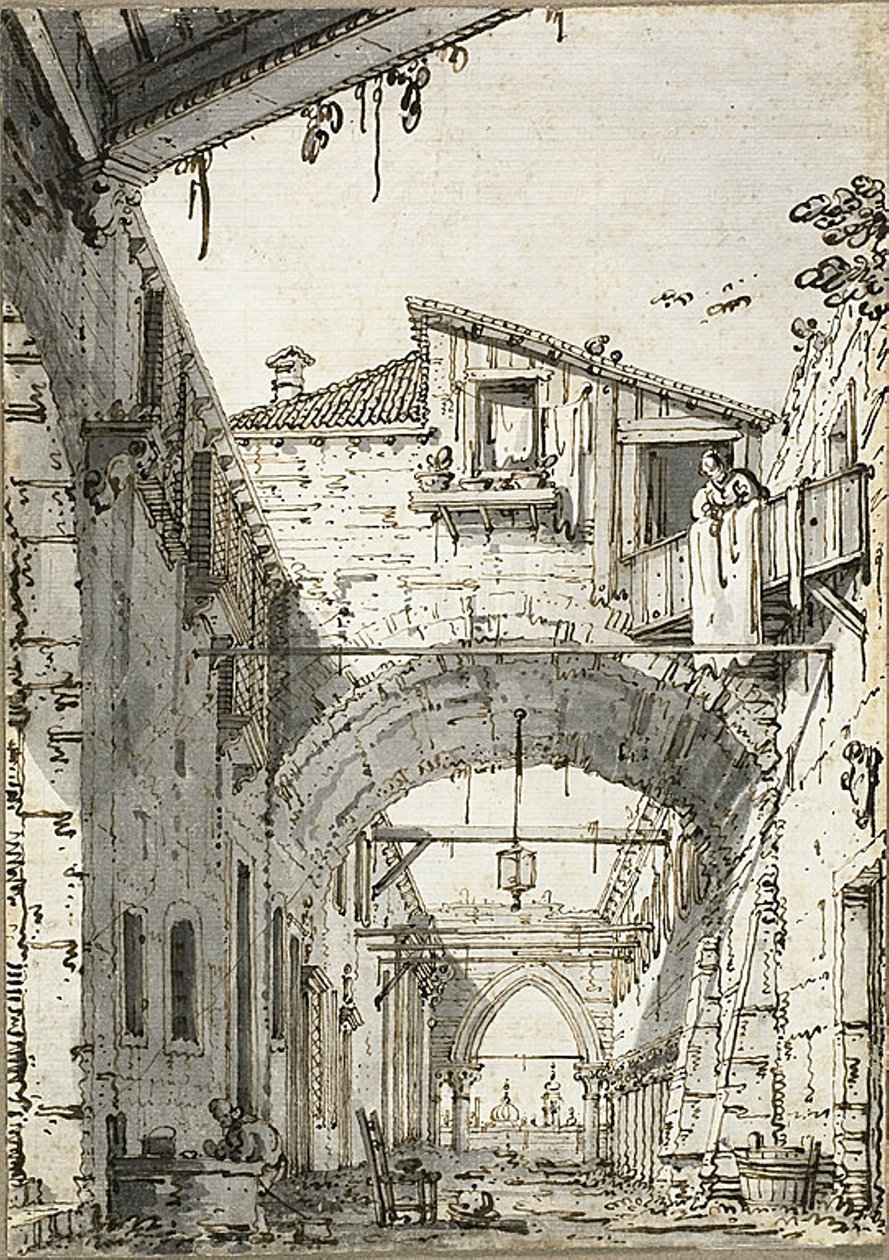 Capriccio: Ívek által keresztezett utca (recto) Az ajtónyílás, a lépcsőház és az épület második emeletének vázlatai (verso) alkotó: Canaletto