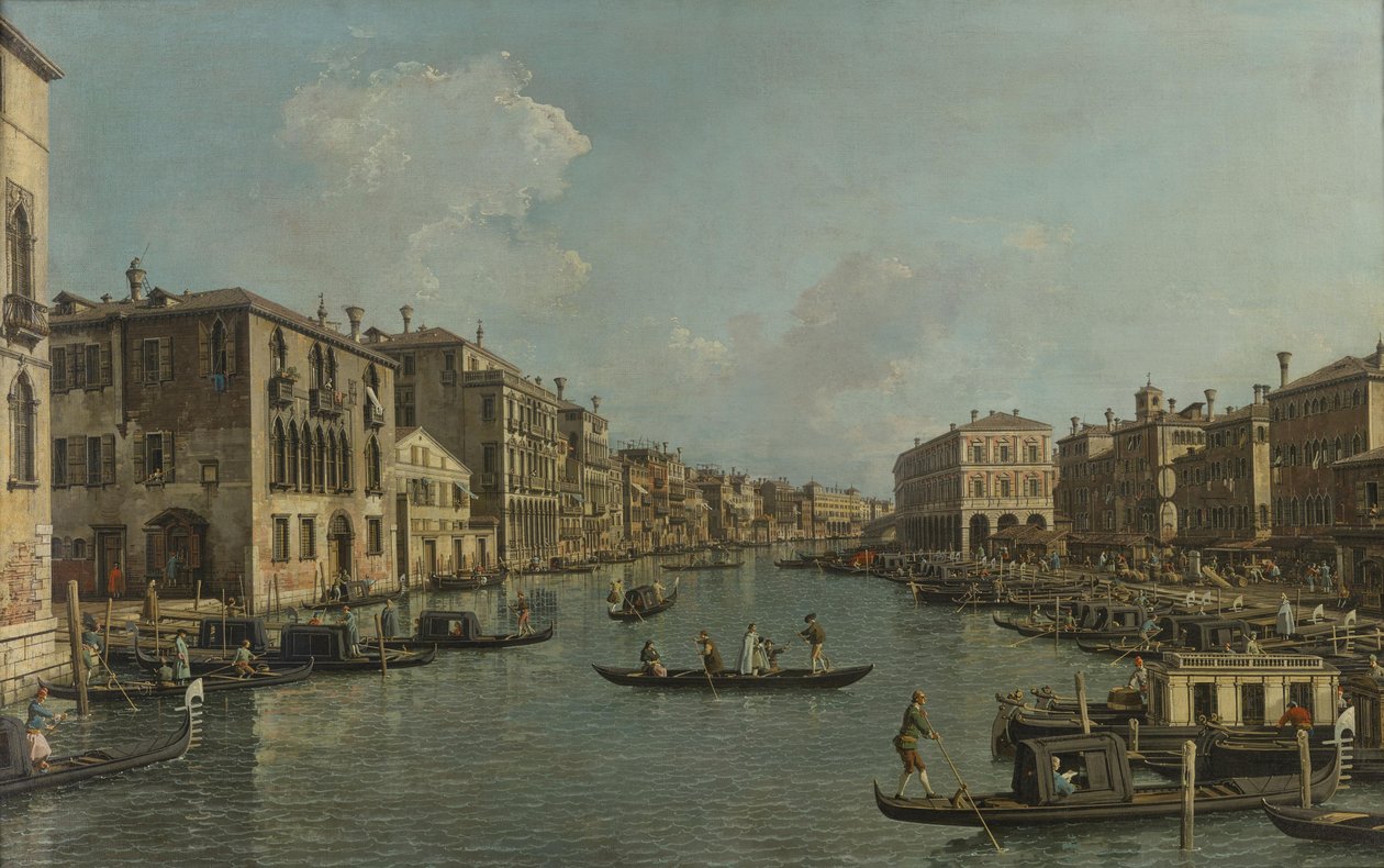 Német: Der Canal Grande mit Blick in südöstlicher Richtung auf die Rialtobrücke A Canal Grande kilátással délkeletre a Rialto-hídra alkotó: Canaletto