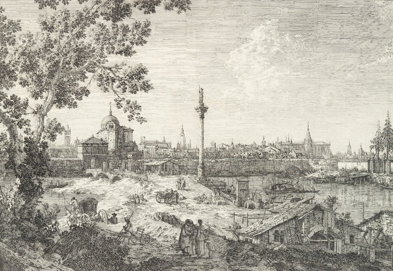 Pádua képzeletbeli kilátása, bal oldalon egy kupolás templommal, oszloppal felül..., 1735-46. alkotó: Canaletto