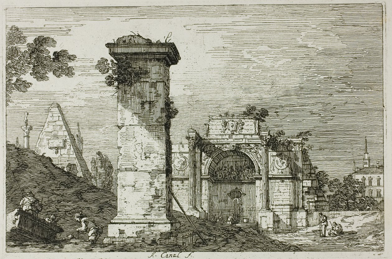 Táj romos emlékművekkel, Vedute-ból alkotó: Canaletto