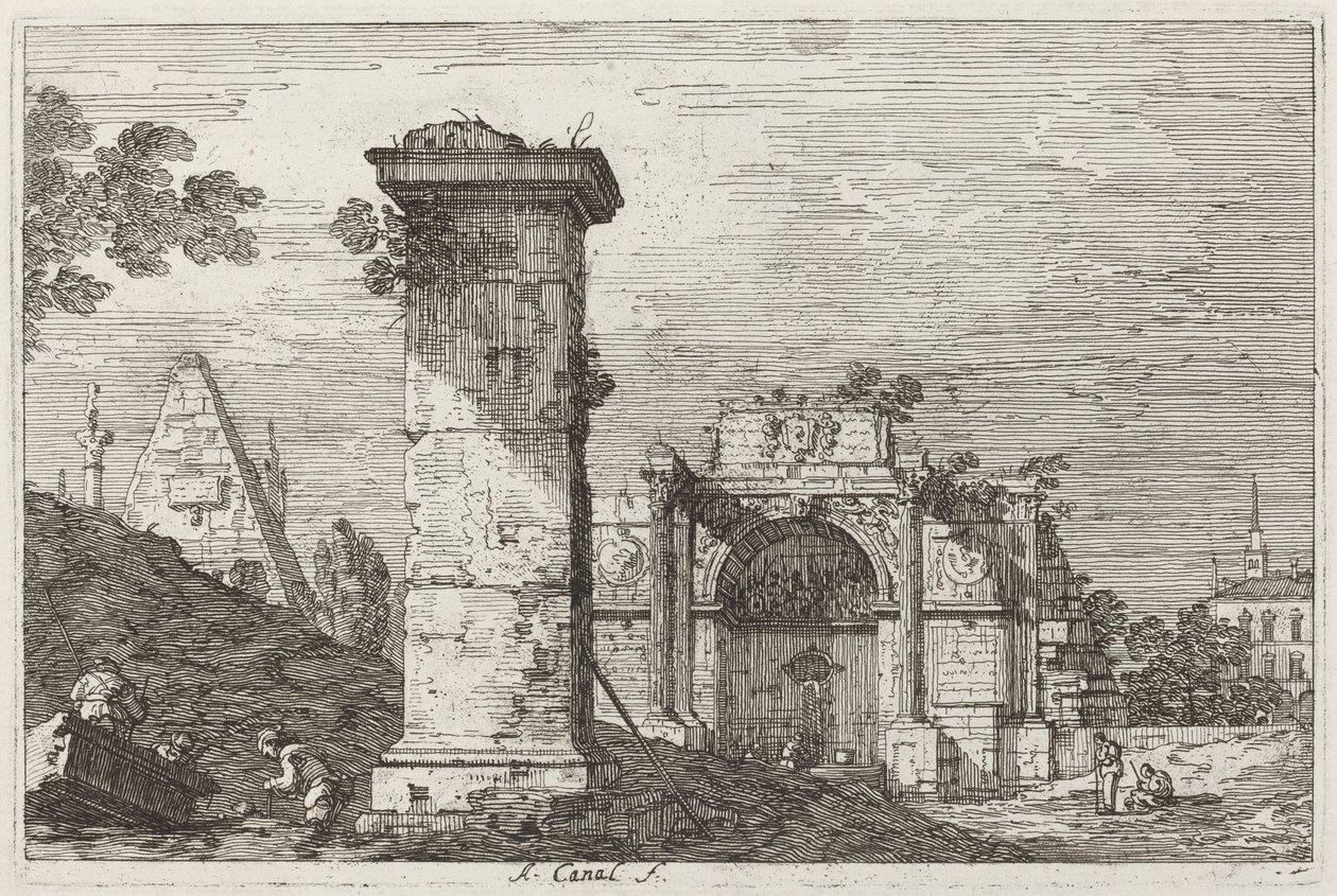 Táj romos emlékművekkel [jobbra] alkotó: Canaletto