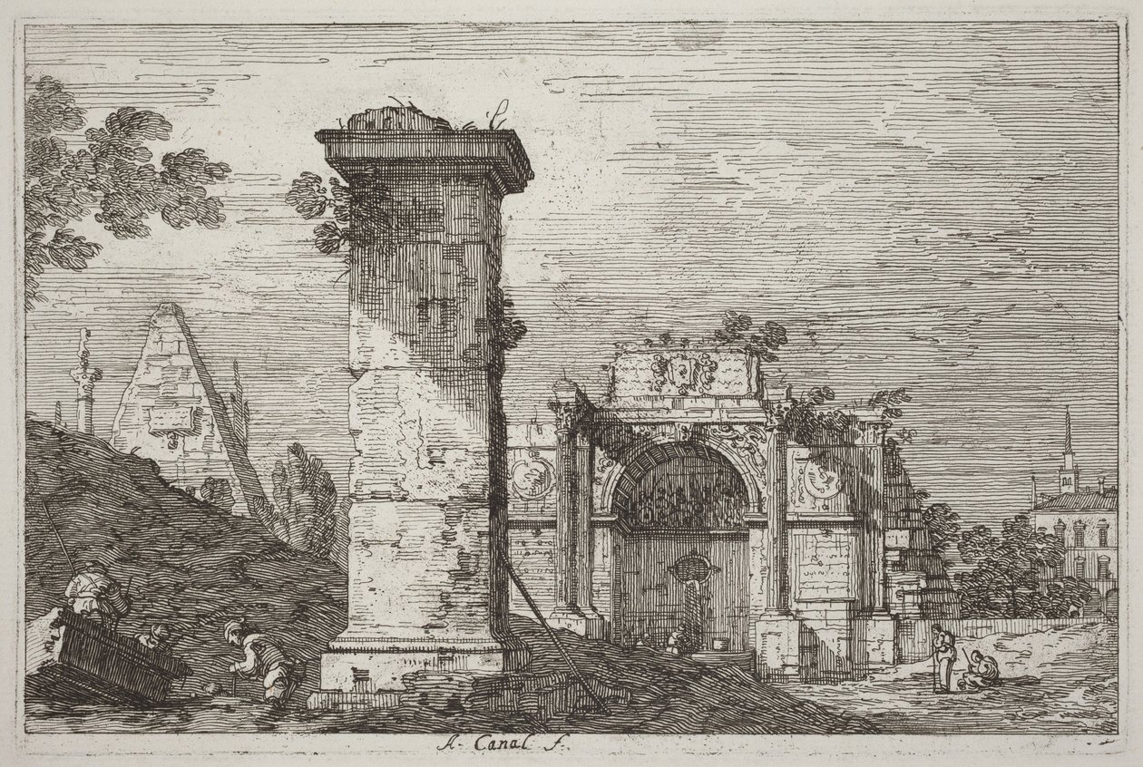 Táj romos emlékművekkel [jobbra] alkotó: Canaletto