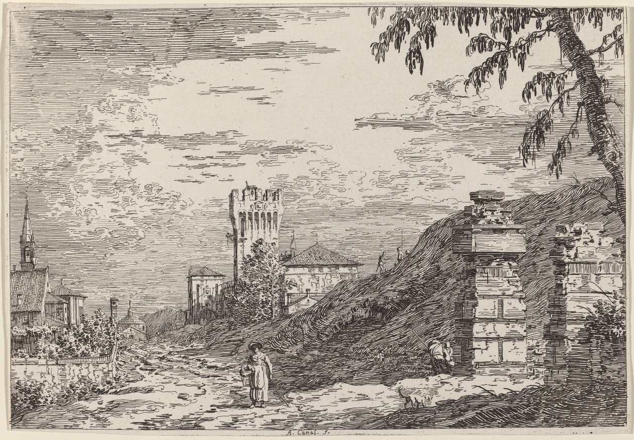 Táj toronnyal és két romos oszloppal alkotó: Canaletto