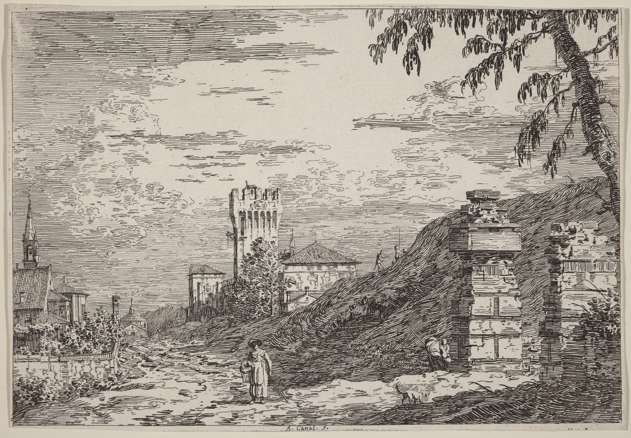 Tájkép toronnyal és két romos oszloppal alkotó: Canaletto