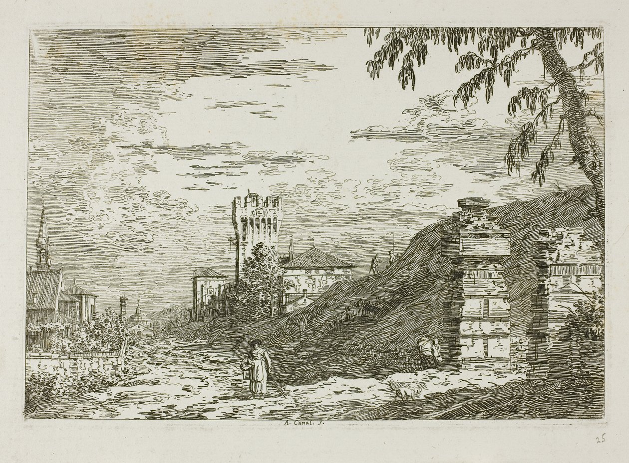 Táj toronnyal és két romos pillérrel, Vedute-ból alkotó: Canaletto