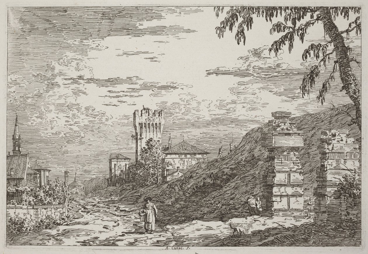 Tájkép toronnyal és két romos oszloppal [balra] alkotó: Canaletto