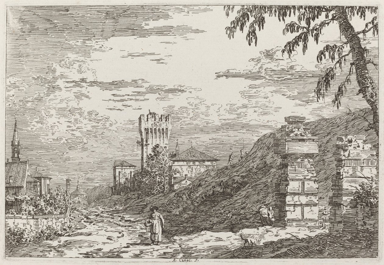 Táj toronnyal és két romos pillérrel [balra], c. 17351746. alkotó: Canaletto