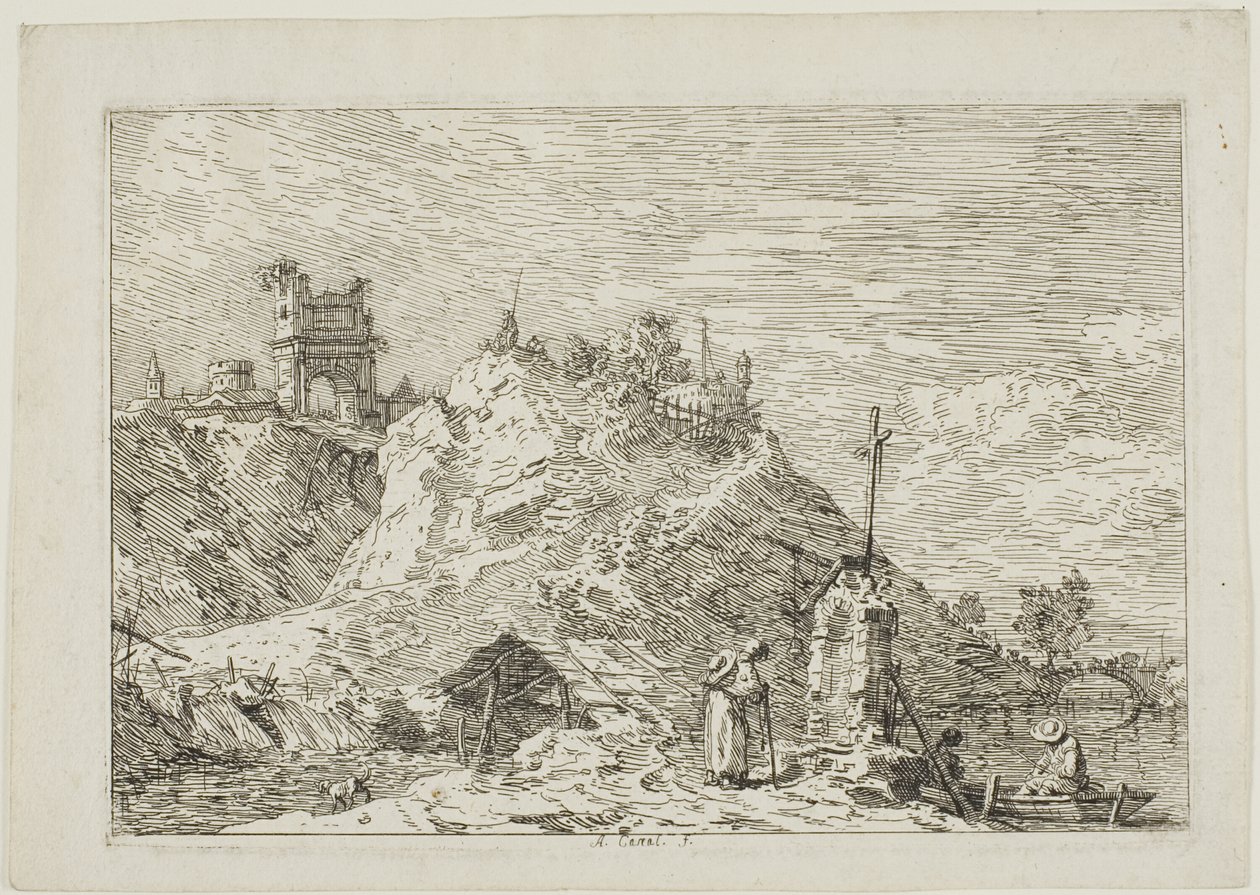 Táj a zarándokokkal az imádságnál, Vedute-ból alkotó: Canaletto