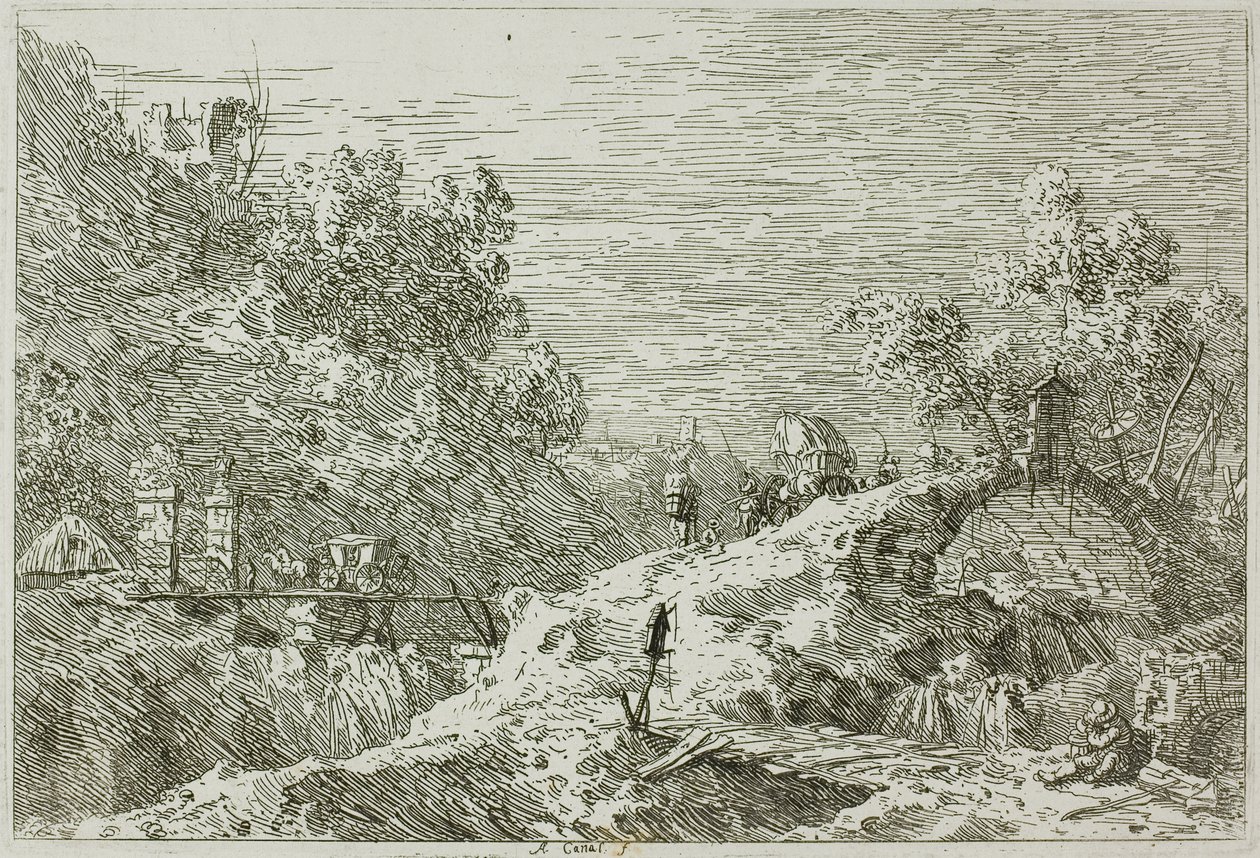 Hegyi táj öt híddal, Vedute-ból alkotó: Canaletto