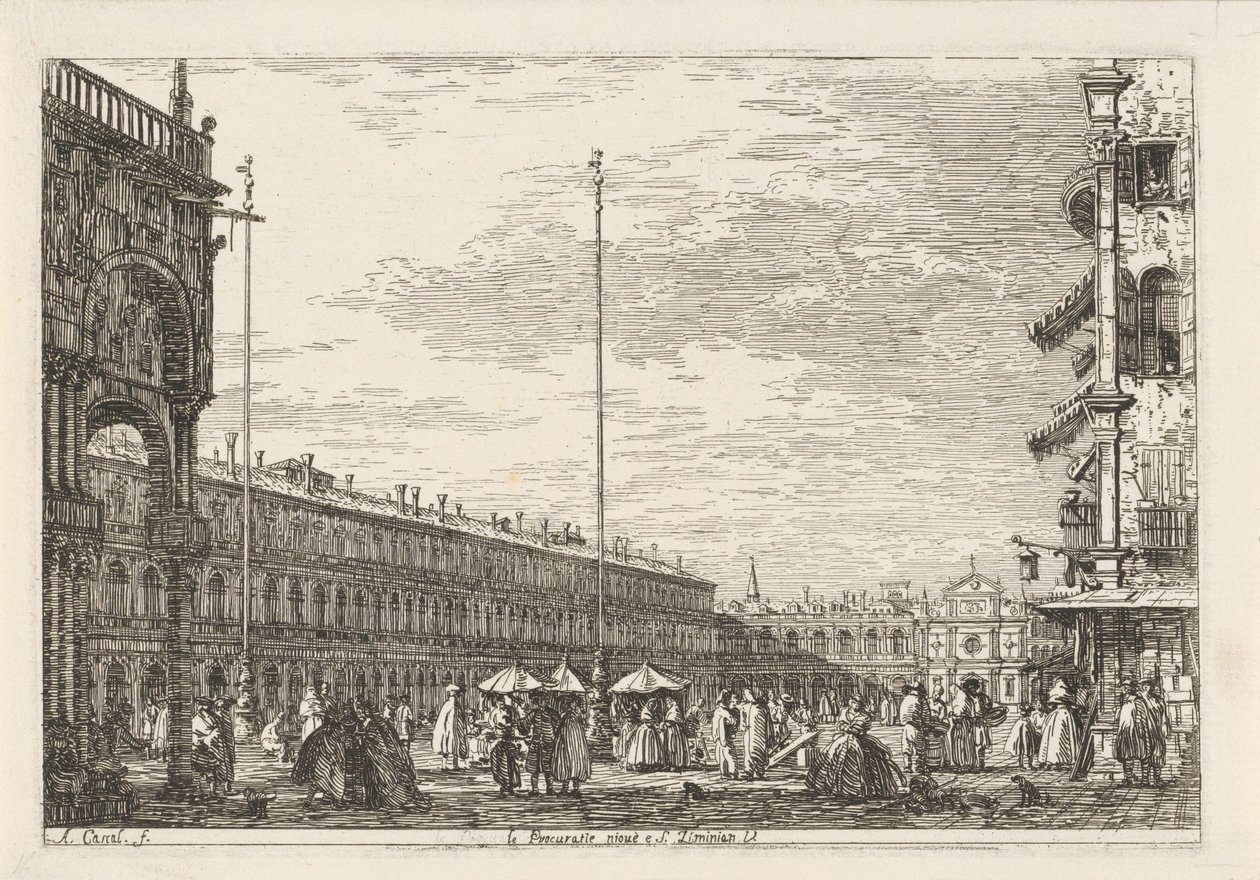 Piazza San Marco Le procuratie niove e S. Ziminian V. (cím a tárgyon) Arcok meglévő és kitalált helyeken (sorozat címe) Vedute altre prese i Luoghi altre ideate da Antonio Canal (sorozat címe) alkotó: Canaletto