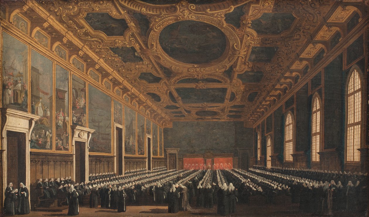 A dózse és a nagytanács Sala del Maggior Consiglioban alkotó: Canaletto